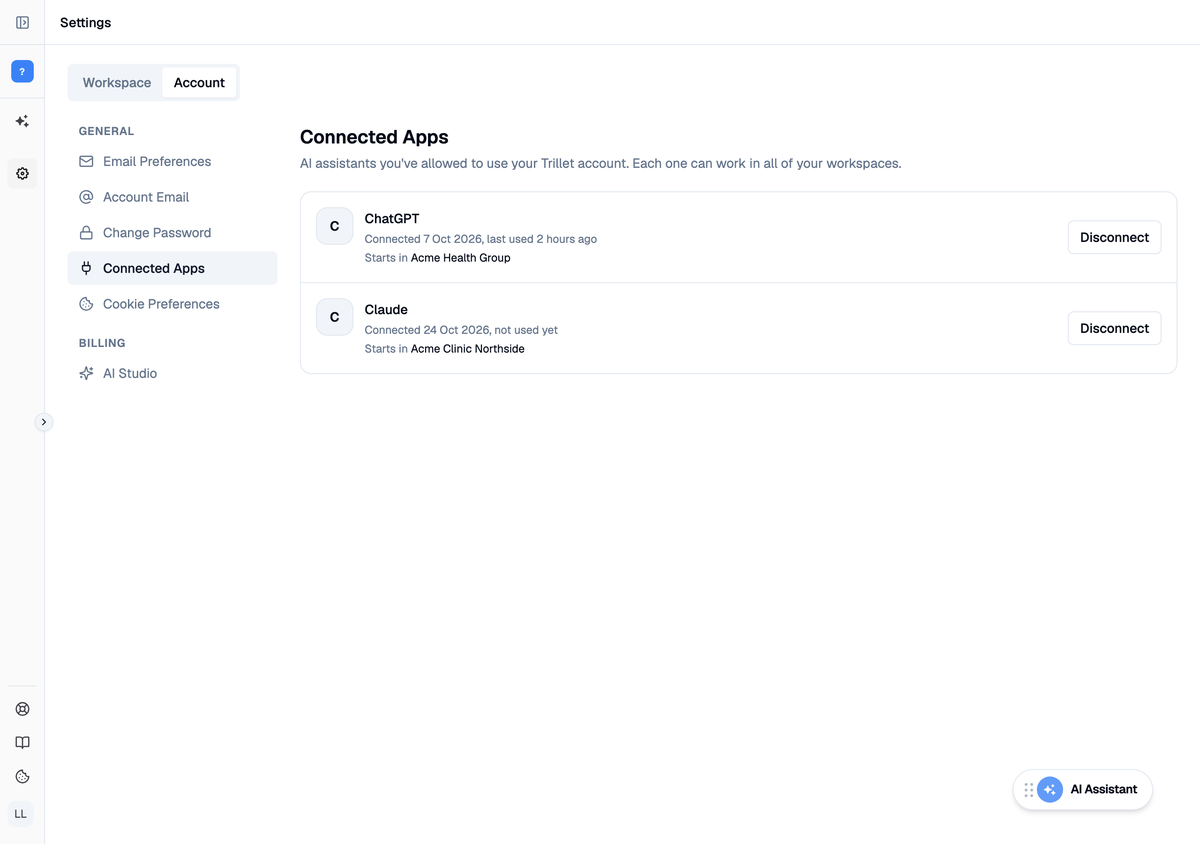 Connected Apps settings page listing ChatGPT and Claude, each with a Disconnect button