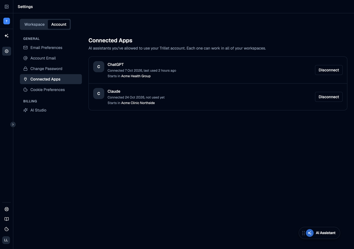 Connected Apps settings page listing ChatGPT and Claude, each with a Disconnect button