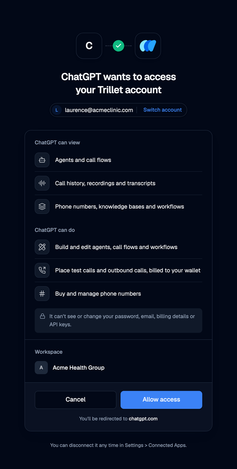 Trillet consent screen: ChatGPT wants to access your Trillet account, with an Allow access button