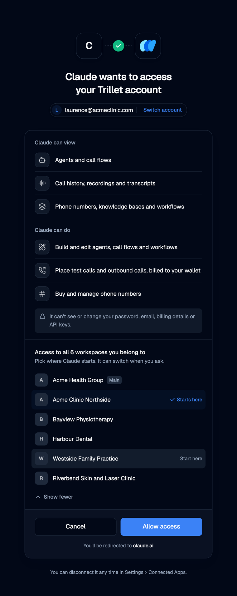 Trillet consent screen: Claude wants to access your Trillet account, with a list of workspaces to start in