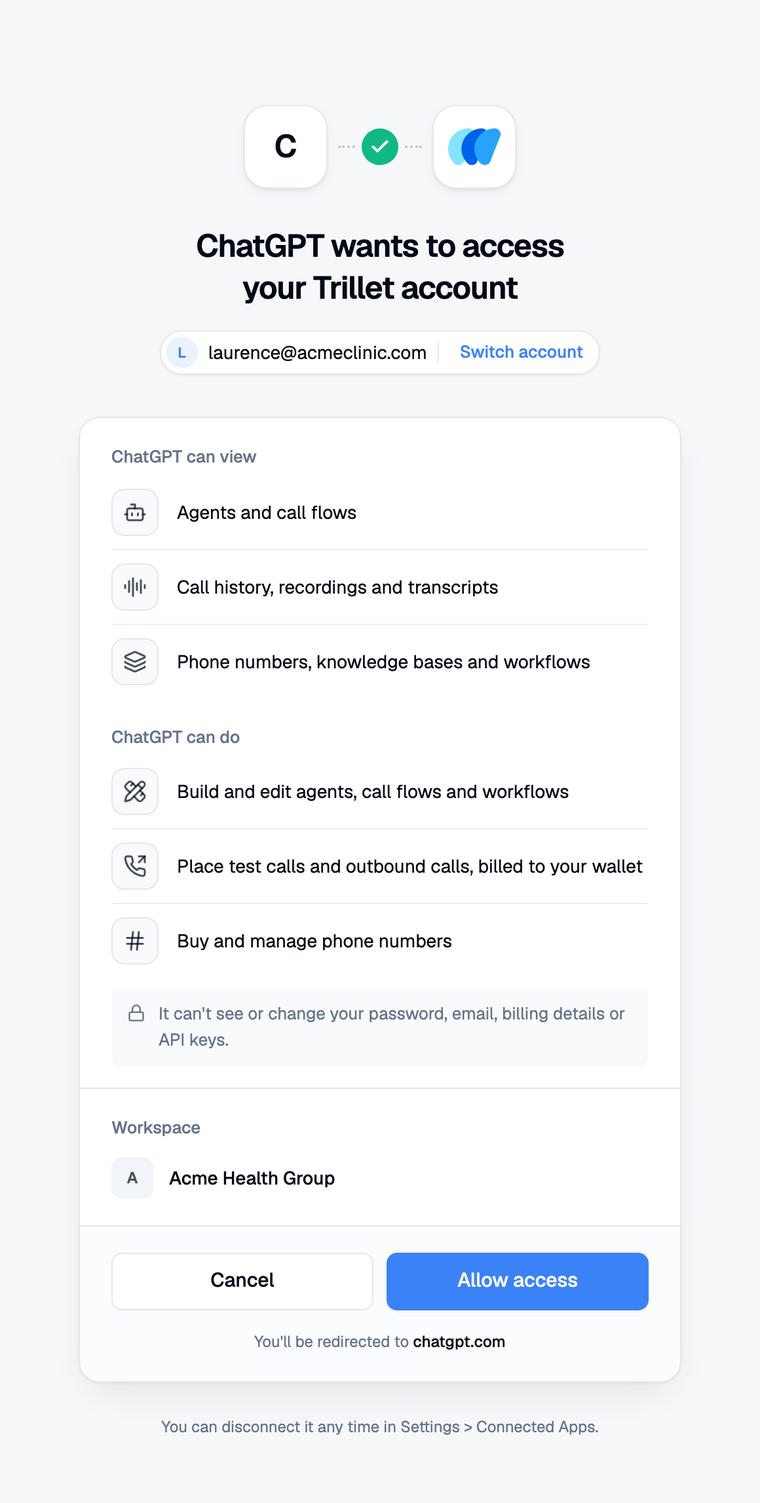 Trillet consent screen: ChatGPT wants to access your Trillet account, with an Allow access button