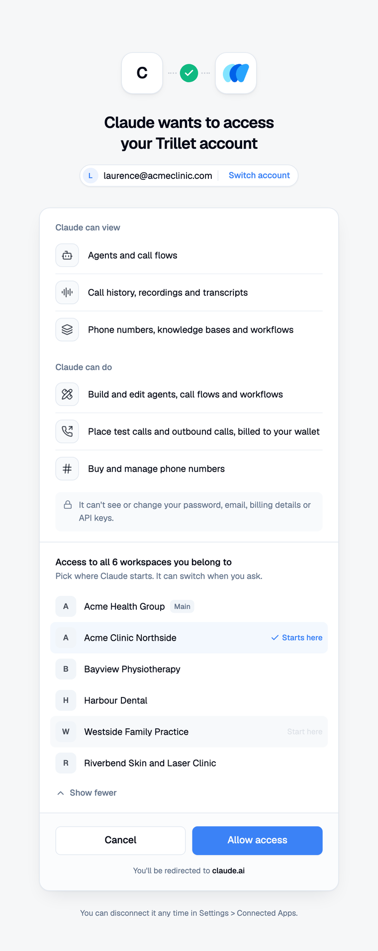Trillet consent screen: Claude wants to access your Trillet account, with a list of workspaces to start in
